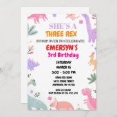Dinosaur Birthday Invitation Girls Cute Three-Rex  Feestdagenkaart (Voorkant / Achterkant)