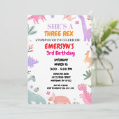 Dinosaur Birthday Invitation Girls Cute Three-Rex  Feestdagenkaart (Staand voorkant)