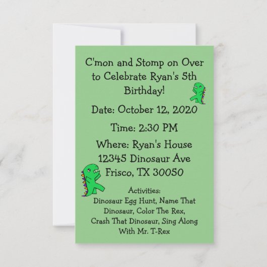 Dinosaur Birthday Invitation Green Flat Card Bedankkaart (Achterkant)