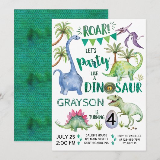 Dinosaur Birthday Invitation Party as a Dinosaur Kaart (Voorkant / Achterkant)