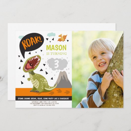 Dinosaur Birthday Invitation ROAR Dino Stomp Chomp Kaart (Voorkant / Achterkant)
