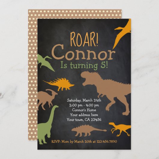 Dinosaur Birthday Invitation, Roar Party Kaart (Voorkant / Achterkant)
