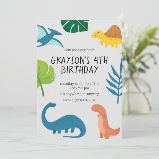 Dinosaur Birthday Invitation Sjabloon Kaart (Staand voorkant)