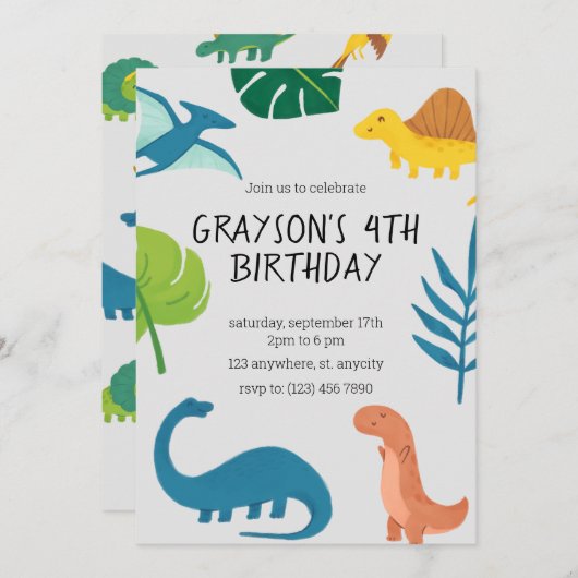 Dinosaur Birthday Invitation Sjabloon Kaart (Voorkant / Achterkant)