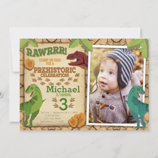 Dinosaur Birthday Invitation, T-Rex Uitnodiging (Voorkant)