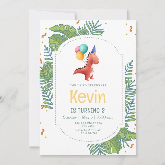 Dinosaur Birthday Invitation, Three Rex Birthday Kaart (Voorkant)