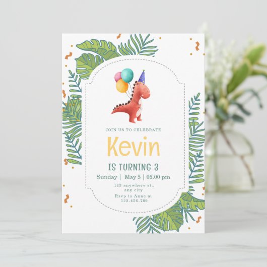 Dinosaur Birthday Invitation, Three Rex Birthday Kaart (Staand voorkant)