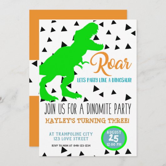 Dinosaur Birthday Kinder Uitnodigingen Neon Green (Voorkant / Achterkant)
