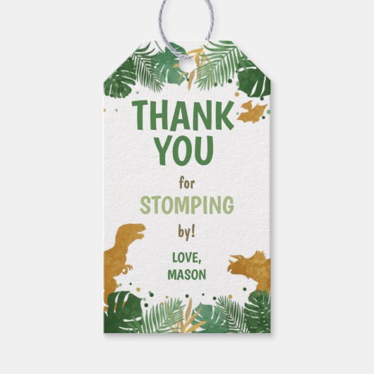 Dinosaur Birthday Labels Boy Dino Party Green Gold Cadeaulabel (Voorkant)