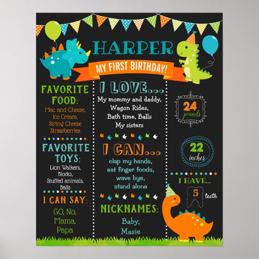 Dinosaur Birthday Milestone Sign Chalkboard Poster (Voorkant)