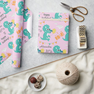 Dinosaur Birthday Name Age Custom Cadeaupapier