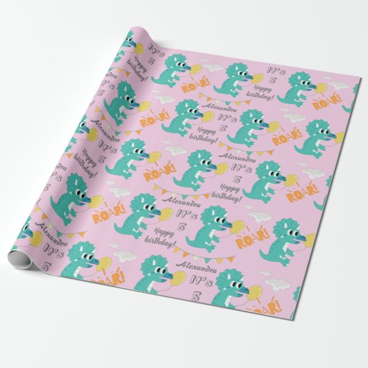 Dinosaur Birthday Name Age Custom Cadeaupapier (Uitgerold)