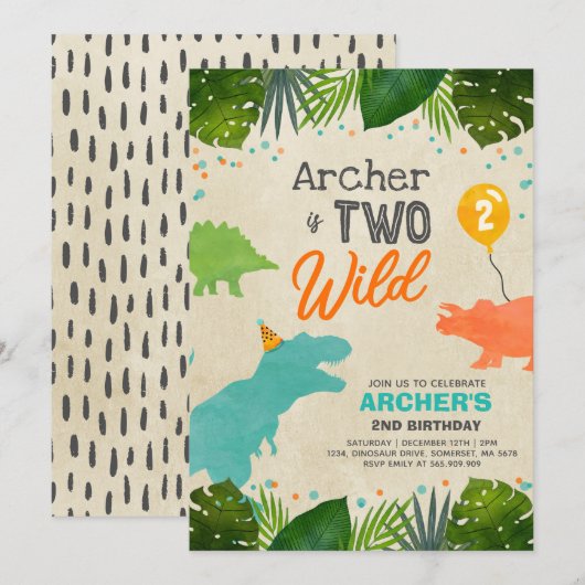 Dinosaur Birthday Noite Two Wild Dinosaur Party Kaart (Voorkant / Achterkant)