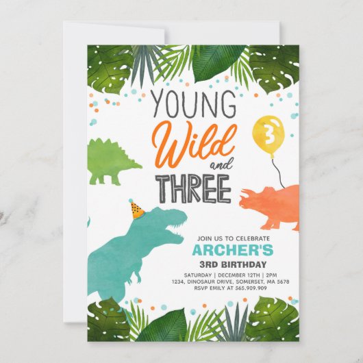 Dinosaur Birthday Noite Wild en Drie Dino Party Kaart (Voorkant)