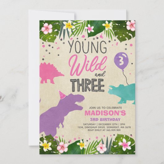 Dinosaur Birthday Noite Wild en Drie Dino Party Kaart (Voorkant)