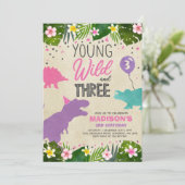 Dinosaur Birthday Noite Wild en Drie Dino Party Kaart (Staand voorkant)