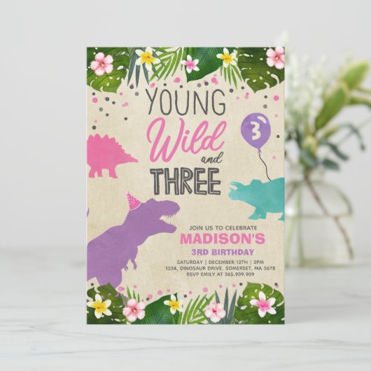 Dinosaur Birthday Noite Wild en Drie Dino Party Kaart (Staand voorkant)