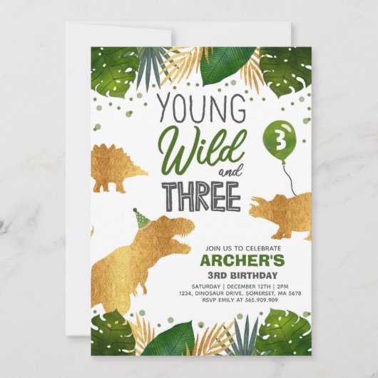 Dinosaur Birthday Noite Wild en Drie Dino Party Kaart (Voorkant)