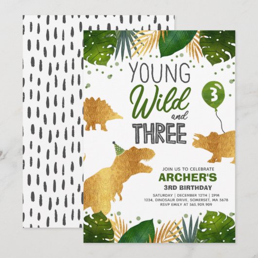 Dinosaur Birthday Noite Wild en Drie Dino Party Kaart (Voorkant / Achterkant)