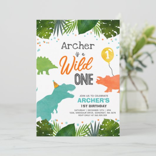 Dinosaur Birthday Noite Wild One Dinosaur Party Kaart (Staand voorkant)