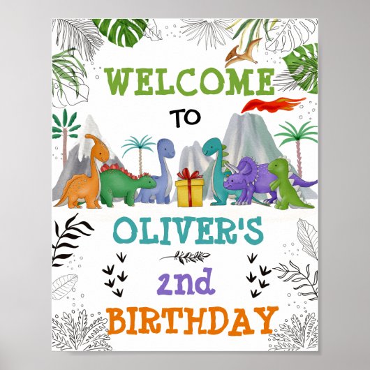 Dinosaur Birthday Oerwoud Leaves Party Welkom Poster (Voorkant)