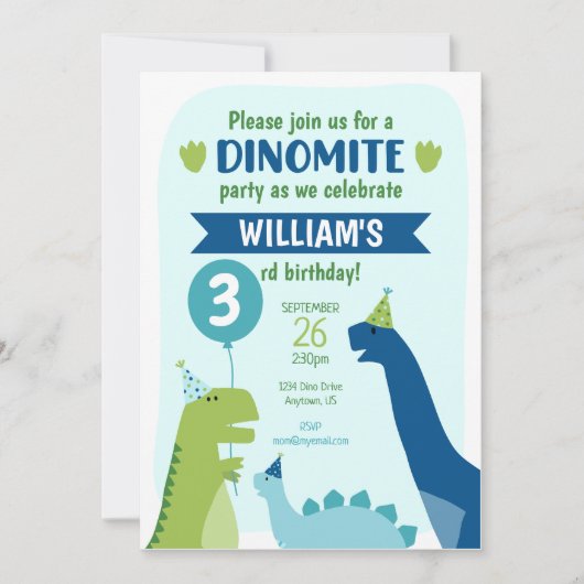 Dinosaur Birthday Party Dino Party Blue en Green Kaart (Voorkant)