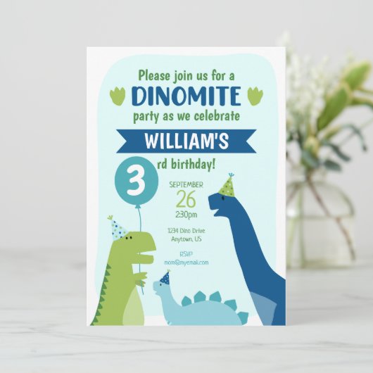 Dinosaur Birthday Party Dino Party Blue en Green Kaart (Staand voorkant)