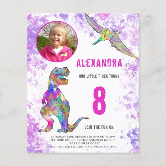 Dinosaur Birthday Party Fotobudget roze Flyer (Voorkant)