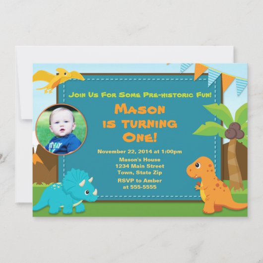 Dinosaur Birthday Party Invitation 1st Birthday Kaart (Voorkant)
