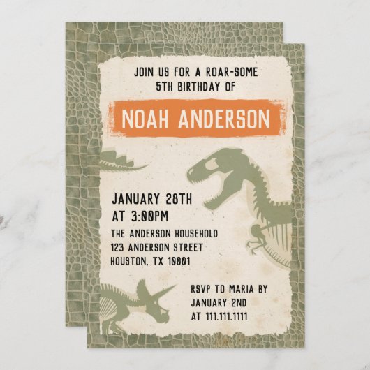 Dinosaur Birthday Party Invitation Card Kaart (Voorkant / Achterkant)