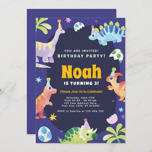 Dinosaur Birthday Party Invitation Feestdagenkaart (Voorkant / Achterkant)