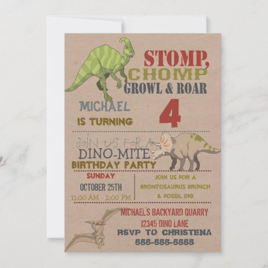 Dinosaur Birthday Party Invitation Kaart (Voorkant)