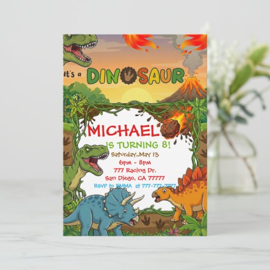 Dinosaur Birthday Party Invitation Kaart (Staand voorkant)