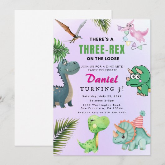 Dinosaur Birthday Party Invitation Kaart (Voorkant / Achterkant)