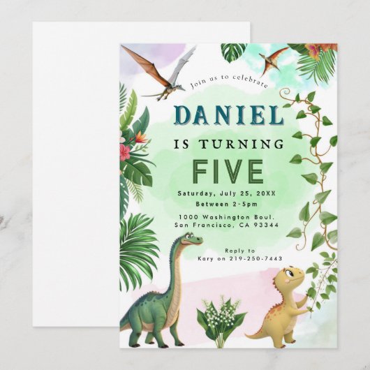 Dinosaur Birthday Party Invitation Kaart (Voorkant / Achterkant)