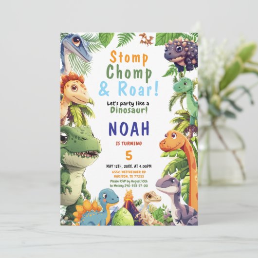 Dinosaur Birthday Party Invitation Kaart (Staand voorkant)