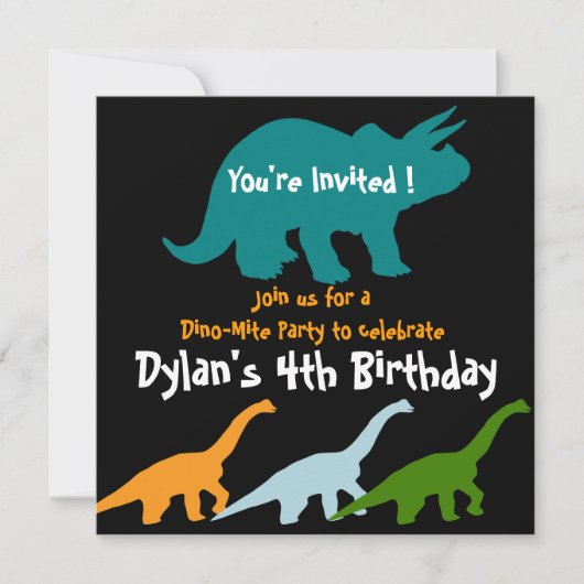 Dinosaur Birthday Party Invitations Blue Black Kaart (Voorkant)