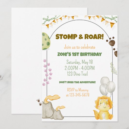 Dinosaur Birthday Party Invite Kaart (Voorkant / Achterkant)