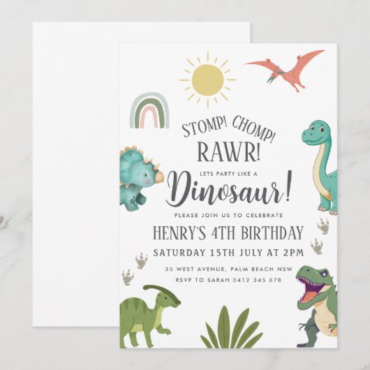 Dinosaur Birthday Party Kaart (Voorkant / Achterkant)