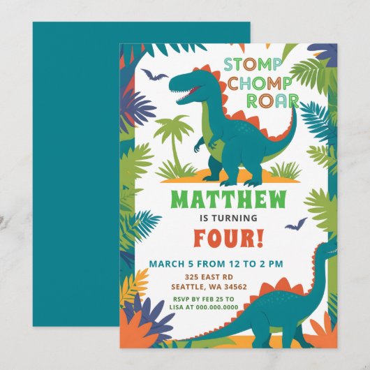 Dinosaur Birthday Party Kaart (Voorkant / Achterkant)