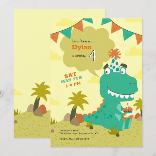 Dinosaur Birthday Party Kaart (Voorkant / Achterkant)