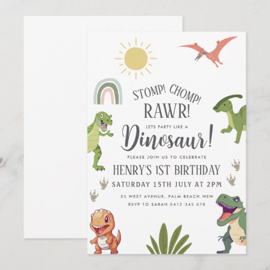 Dinosaur Birthday Party Kaart (Voorkant / Achterkant)