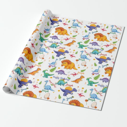 Dinosaur Birthday Party Personaliseert naam Leefti Cadeaupapier (Uitgerold)