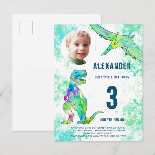 Dinosaur Birthday Party Photo Waterverf Uitnodiging Briefkaart (Voorkant / Achterkant)
