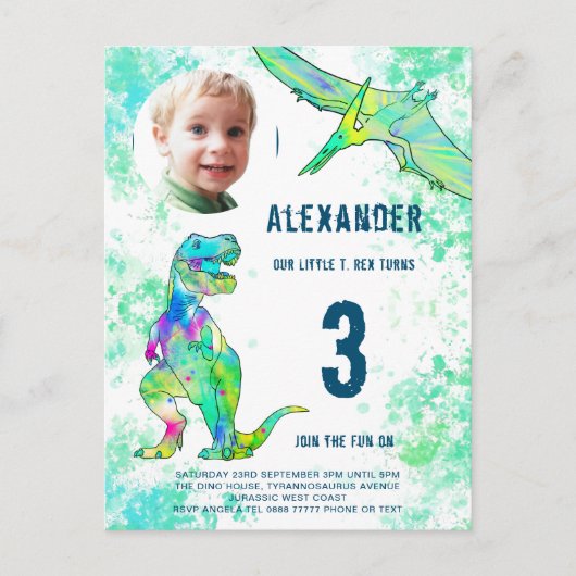 Dinosaur Birthday Party Photo Waterverf Uitnodiging Briefkaart (Voorkant)