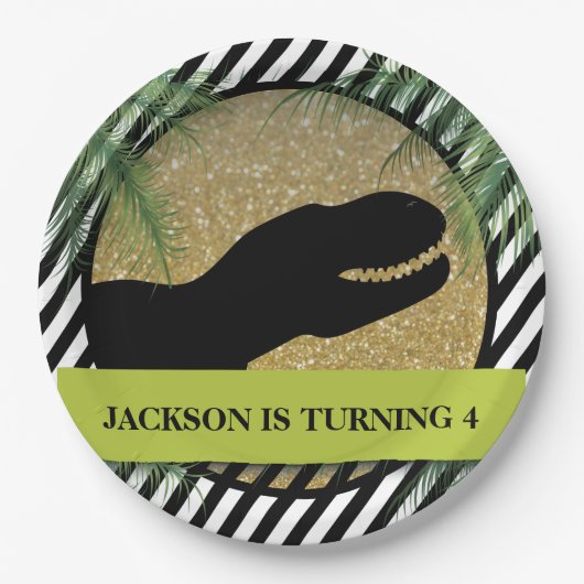 Dinosaur Birthday Party striped Papieren Bordje (Voorkant)