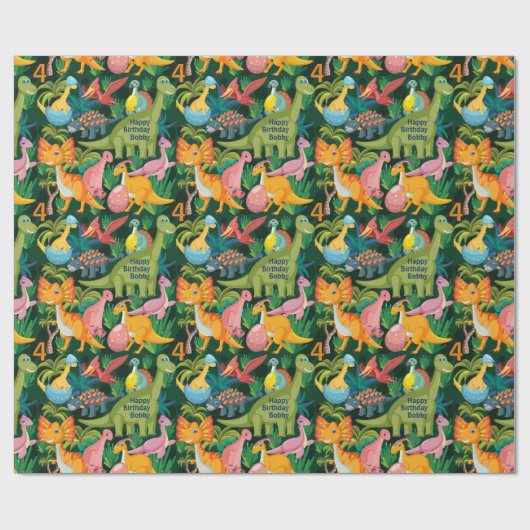 Dinosaur Birthday Personaliseer naam en leeftijdsc Cadeaupapier (Vlak)