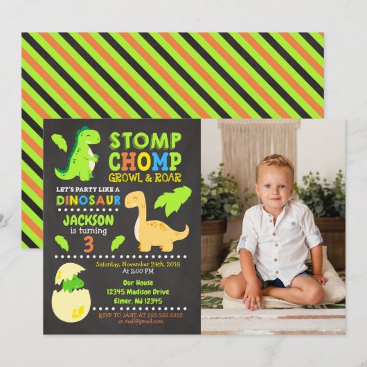 Dinosaur Birthday Photo Invitation for a Boy Kaart (Voorkant / Achterkant)