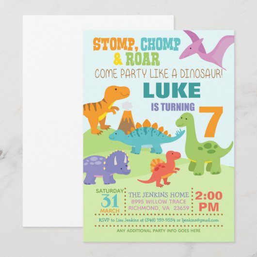 Dinosaur Birthday Uitnodiging (Voorkant / Achterkant)