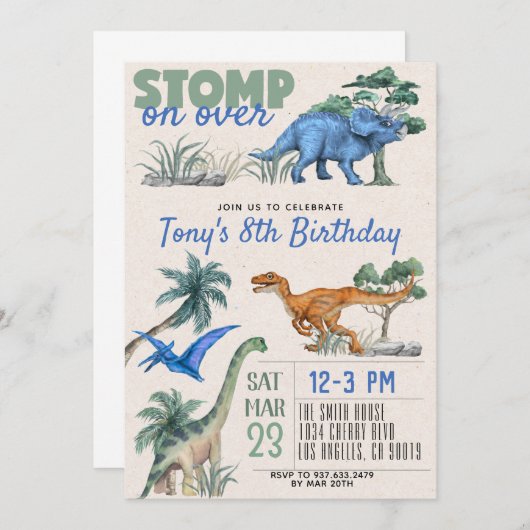 Dinosaur Birthday Uitnodiging (Voorkant / Achterkant)